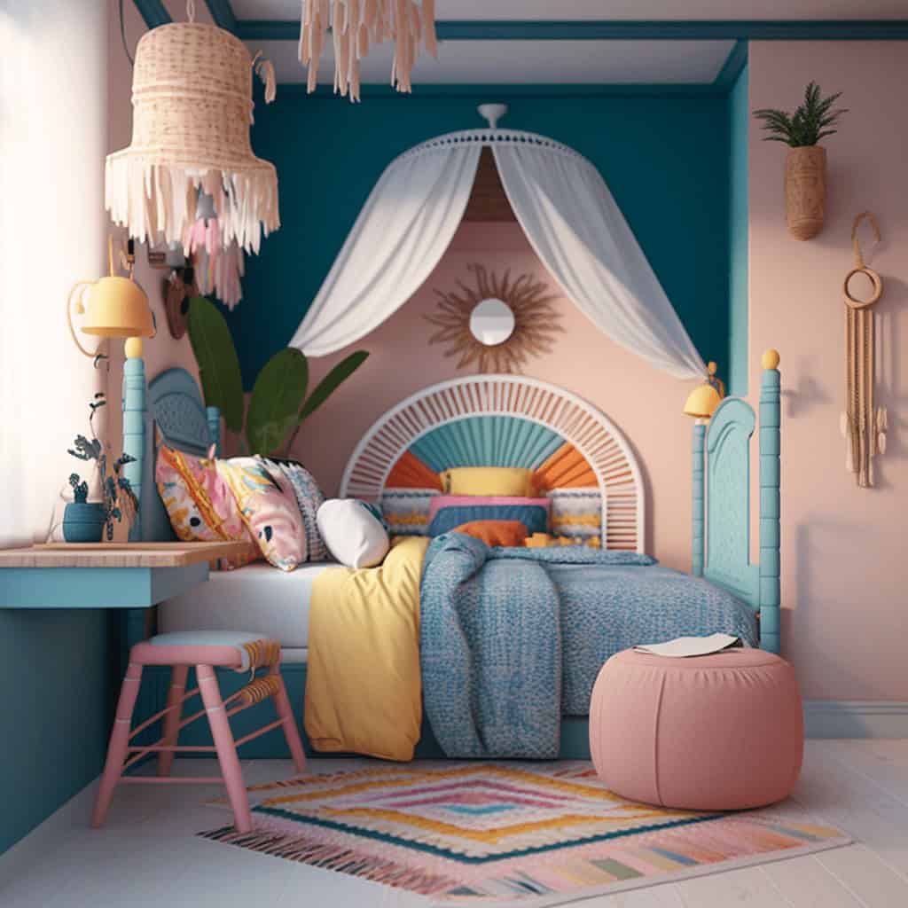 Kolorowy pokój dziecięcy z baldachimem, dekoracjami w stylu boho, pastelowe meble i elementy wyposażenia, idealny dla dzieci i młodzieży, inspirujący wystrój wnętrz, projekty od PaniDyrektor.pl.