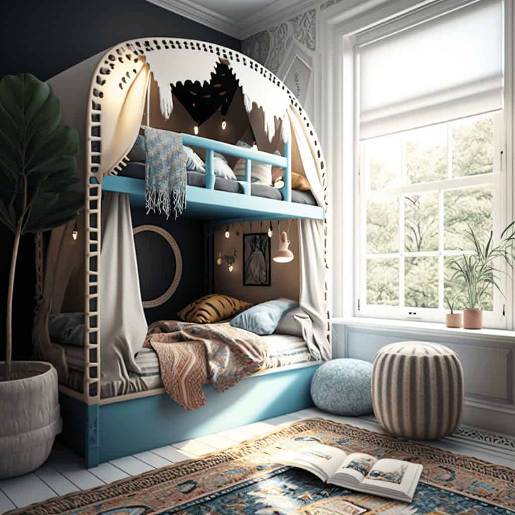 Łóżko piętrowe z dekoracyjnym baldachimem, stylowa aranżacja pokoju dziecięcego, naturalne światło, elementy boho, rośliny doniczkowe, inspiracja do aranżacji wnętrz dla dzieci.