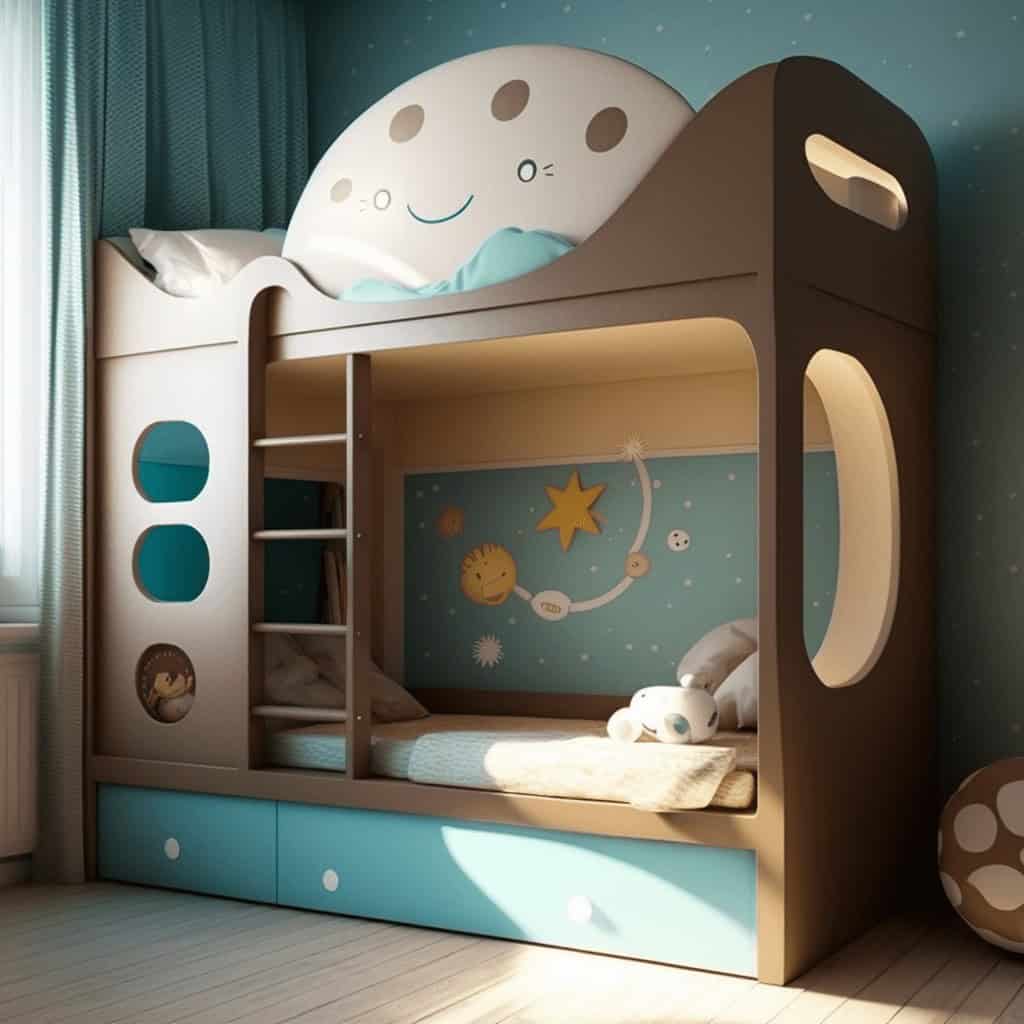 Łóżko piętrowe dziecięce z motywem kosmosu, gwiazd i księżyca w przytulnym pokoju dziecka, idealne do optymalnych rozwiązań aranżacyjnych dla pokoju dziecięcego.
