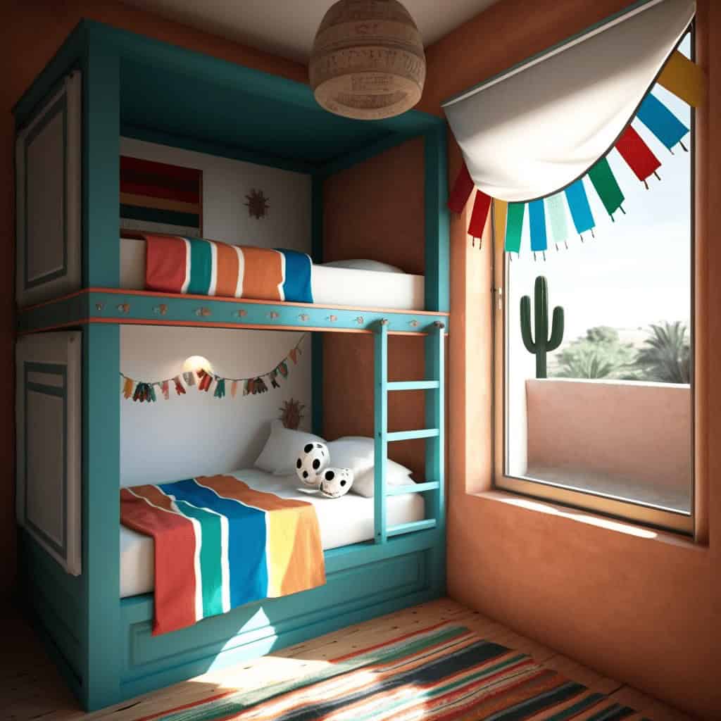 Kolorowa kołyska piętrowa w dziecięcym pokoju z dekoracjami w stylu boho i widokiem na palmy i cactus za oknem, idealna do aranżacji wnętrz dla dzieci.