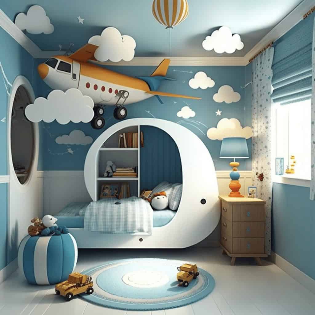 Samolot na suficie w dziecięcym pokoju, dekoracje chmur i żółte samochodziki, przytulne łóżko w kształcie statku kosmicznego, modne oświetlenie i niebieski motyw w aranżacji wnętrza, idealne dla malucha zainteresowanego podróżami i lotnictwem.