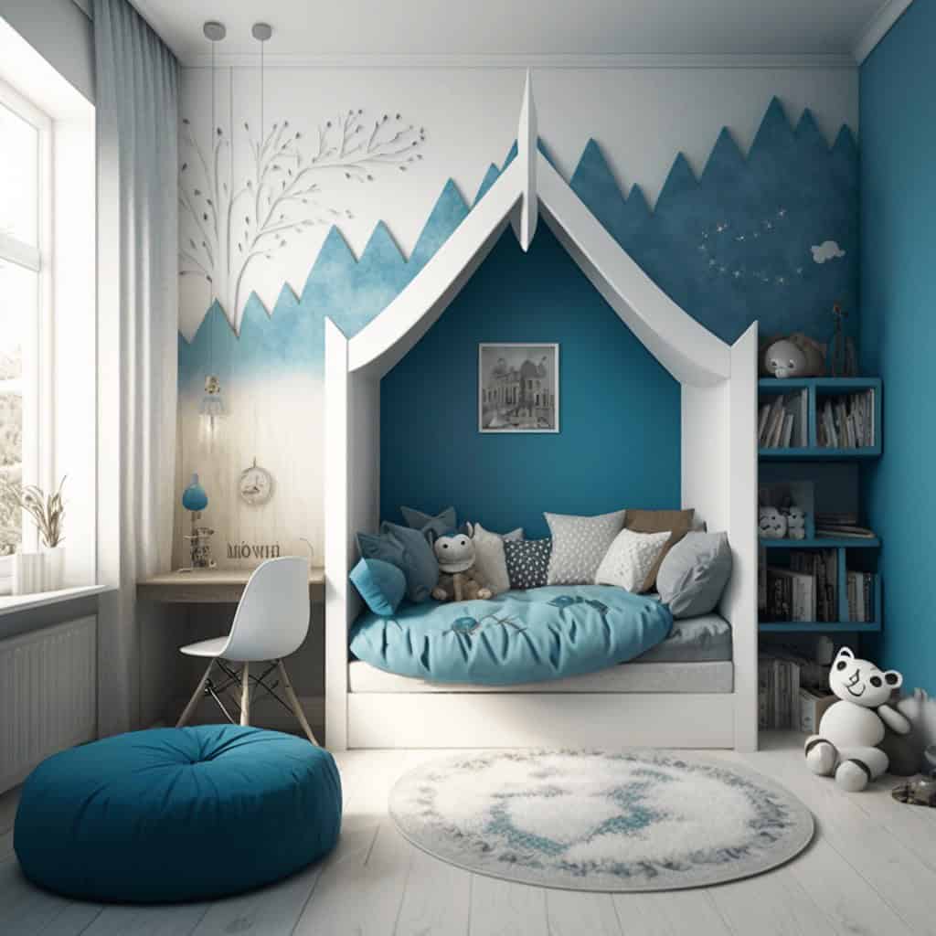 Przytulny pokój dziecięcy z łóżkiem w kształcie domku, błękitne akcenty, ozdobna ściana z górami, stół z krzesłem i miękkim poduszkami, idealny do nauki i relaksu, inspirująca przestrzeń dla dziecka.