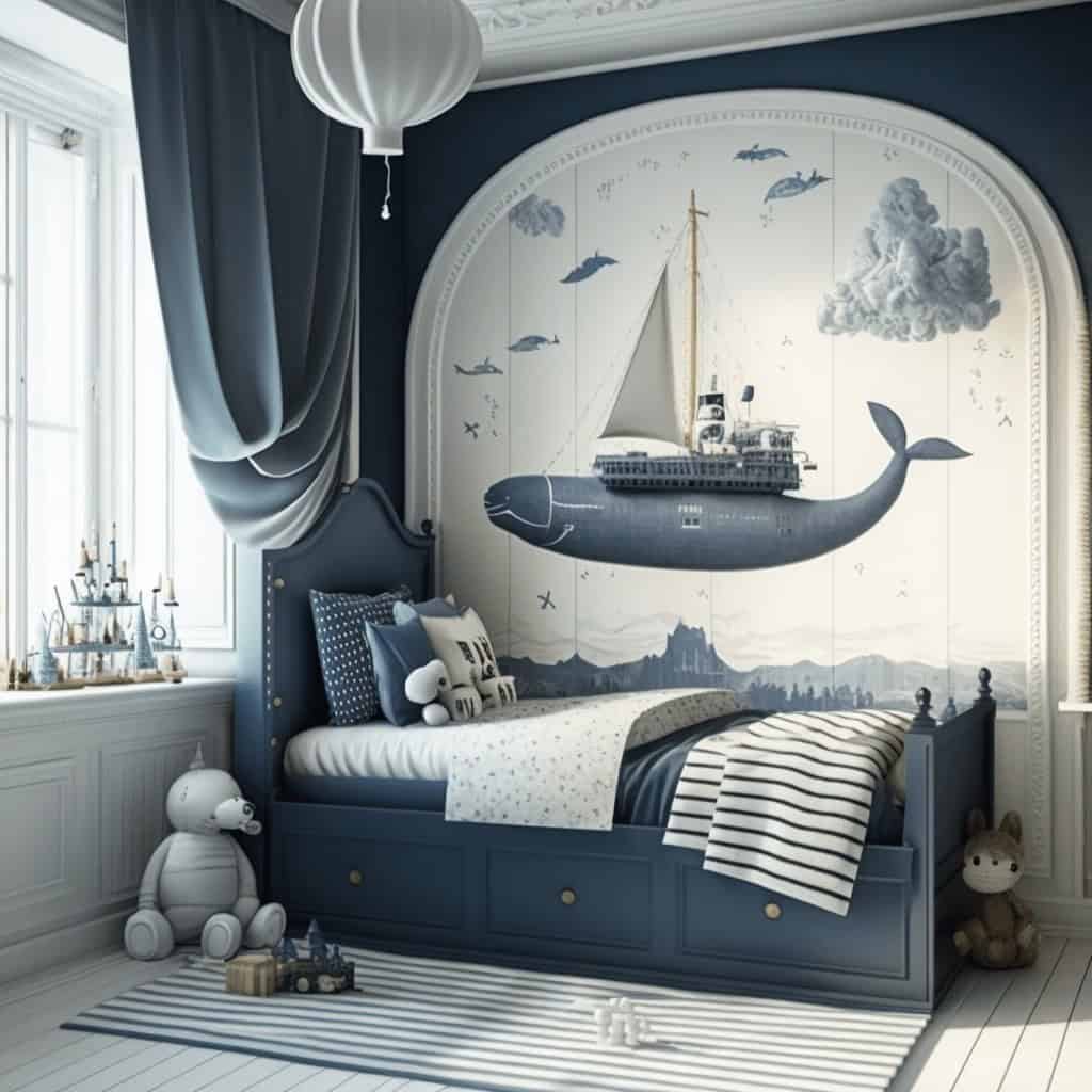 Łóżko dziecięce w stylu morskim z motywem wieloryba na ścianie, białych i granatowych odcieniach, w eleganckim pokoju z dużym oknem i ozdobami w kształcie statków i zwierząt, idealne do wnętrz optymalnych.