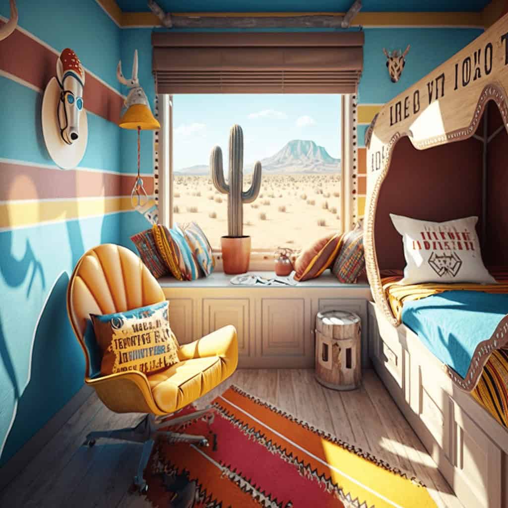 Kolorowy pokój w stylu boho z widokiem na pustynię i góry, wnętrze z wygodnym fotelem, poduszkami, maską i dekoracjami w afrykańskim klimacie, idealny do relaksu i pracy.