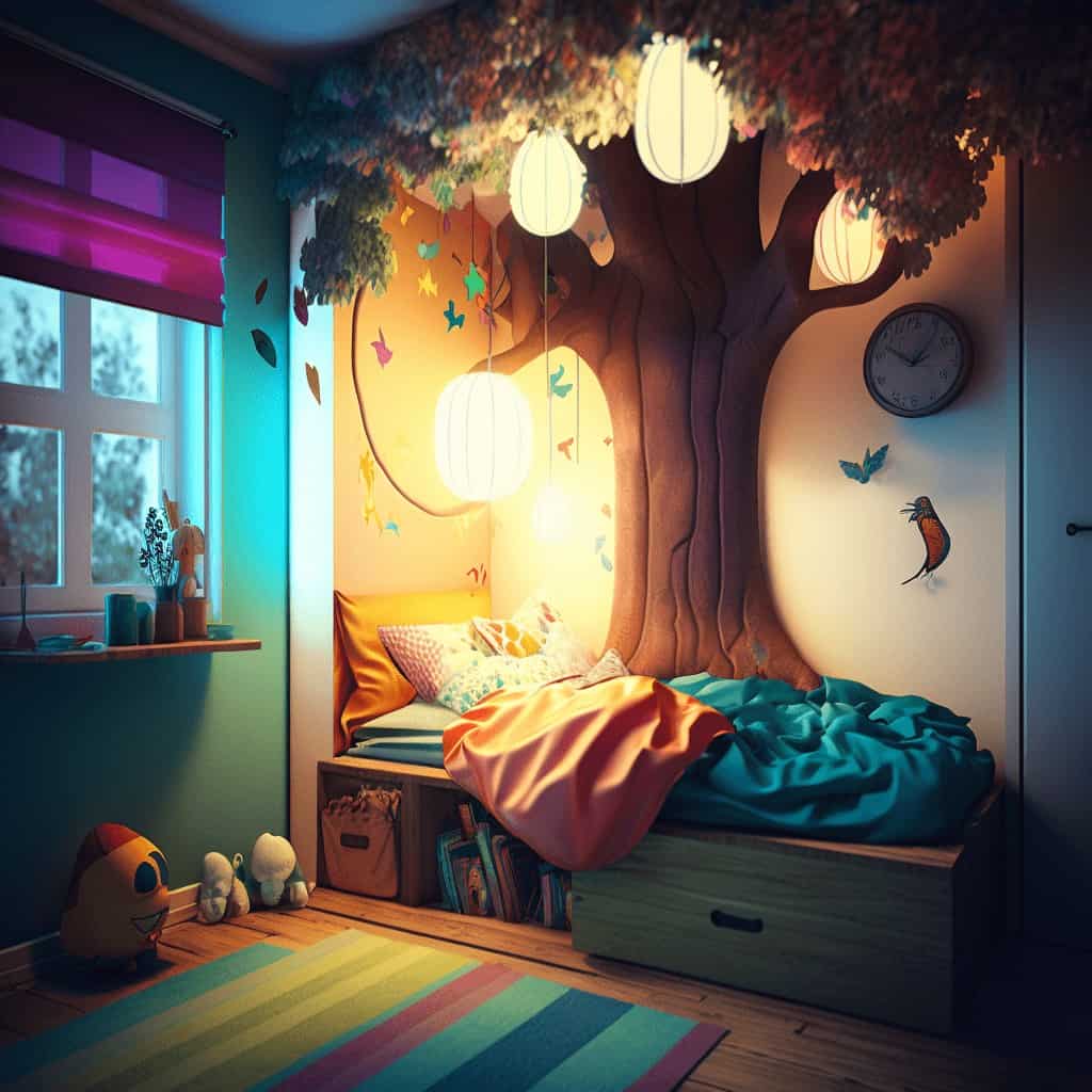 łóżko w pokoju dziecięcym z dekoracją drzewem i lampionami, jasną ścianą, motylami i ptakami, kolorowym dywanem i zabawkami, przytulne i kreatywne wnętrze dla dzieci.