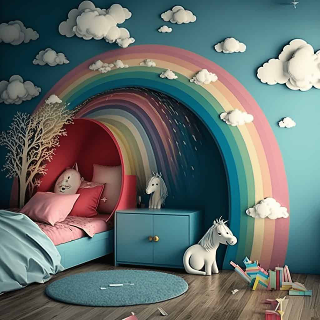 Kolorowa kreatywna aranżacja dziecięcego pokoju z motywem tęczy i chmur, idealna dla małych miłośników bajek i marzeń. Funkcjonalny i przyjazny dla dzieci wystrój, w którym wyróżniają się postacie zwierząt i pastelowe kolory.