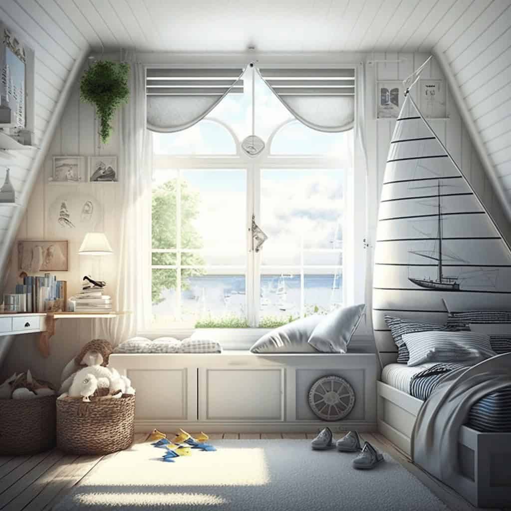 Przytulny dziecięcy pokój w stylu skandynawskim z łóżkiem w kształcie żagla, naturalne światło, białe meble, dekoracje w morskim stylu i akcesoria dziecięce, idealny dla małych odkrywców.
