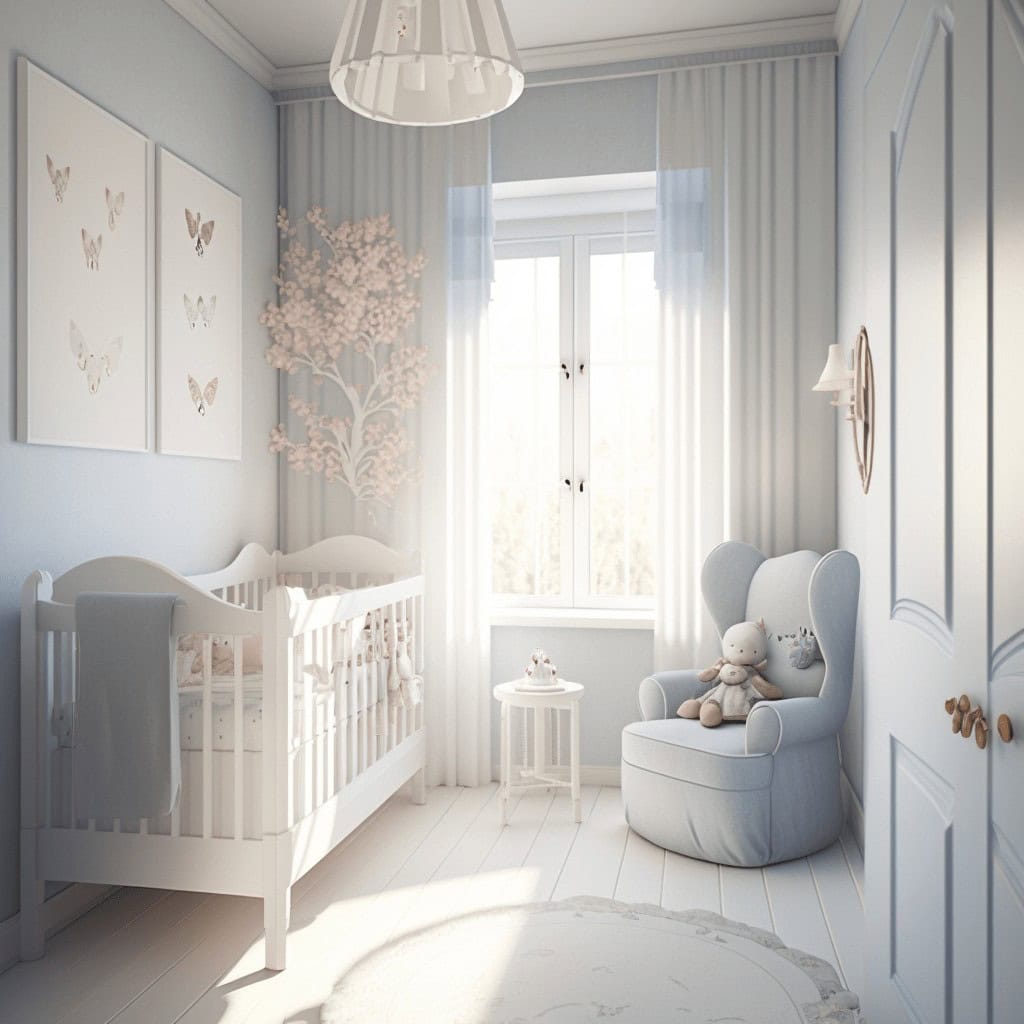 Przytulna jasna sypialnia dziecięca z białymi meblami i dekoracjami w pastelowych kolorach nawiązującymi do natury, idealna dla maluchów do odpoczynku i zabawy, z dużym oknem wpuszczającym naturalne światło.