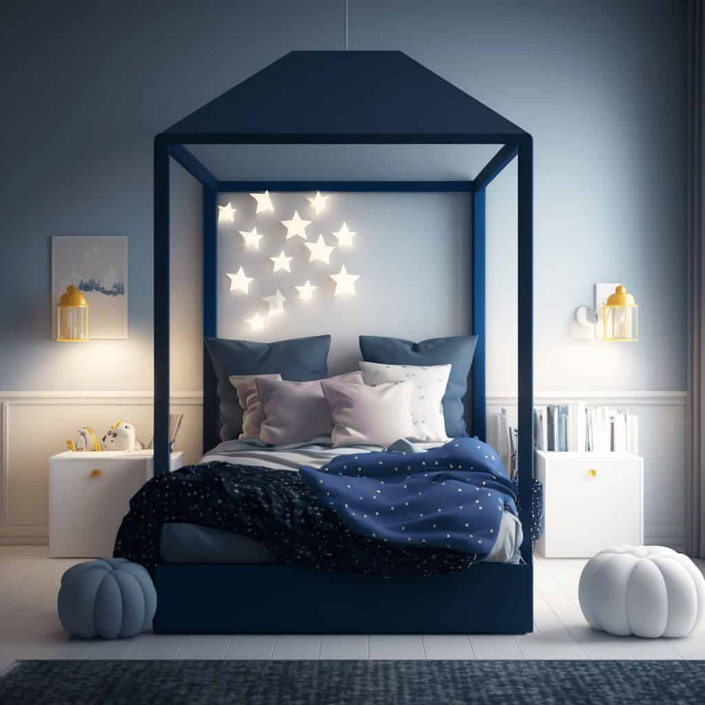Gwiazdy na ścianie nad łóżkiem w dziecięcym pokoju, nowoczesny wystrój sypialni dziecięcej, dekoracje nocne, przytulne miejsce do snu i nauki dla dzieci, pokój inspirowany kosmosem i gwiazdkami idealny dla dzieci.