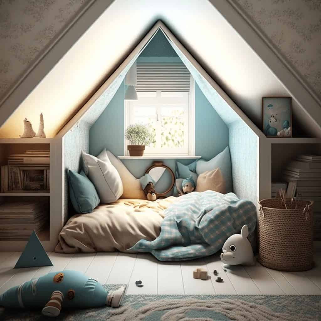 Przytulny pokój dziecięcy w stylu skandynawskim, z cozy kącikiem do zabawy i odpoczynku, wyposażony w miękkie poduszki, zabawki i kwiat na parapecie, idealny dla małego dziecka i rodziców ceniących estetykę.