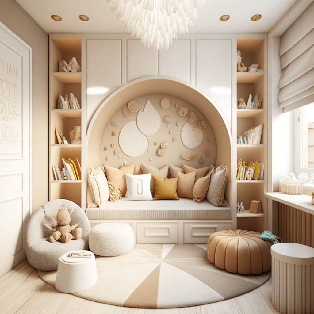 Przytulna dziecięca przestrzeń z biblioteką i funkcją czytania, pastelowe kolory, miękkie poduszki i zabawki, idealne miejsce na relaks i rozwój malucha.