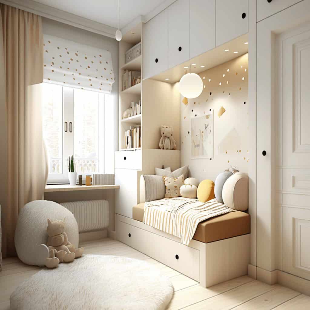 Przytulny pokój dziecięcy z białymi meblami i stylowymi dekoracjami, idealny do nauki i wypoczynku dla dzieci, z dużym oknem i designerskim oświetleniem, stworzony z myślą o funkcjonalności i estetyce.