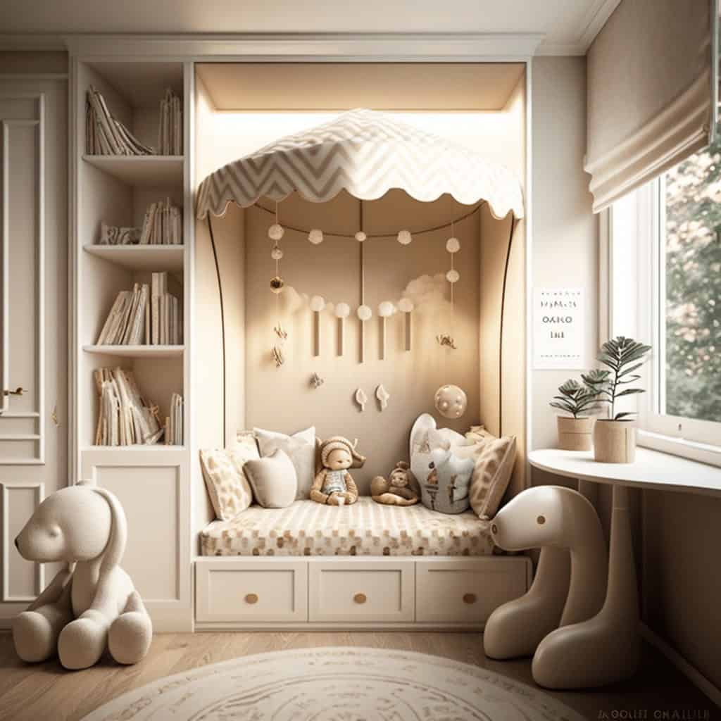 Przytulne dziecięce miejsce do zabawy z baldachimem, pluszowymi zabawkami i dekoracjami w pastelowych kolorach, idealne dla rozwoju i odpoczynku malucha.