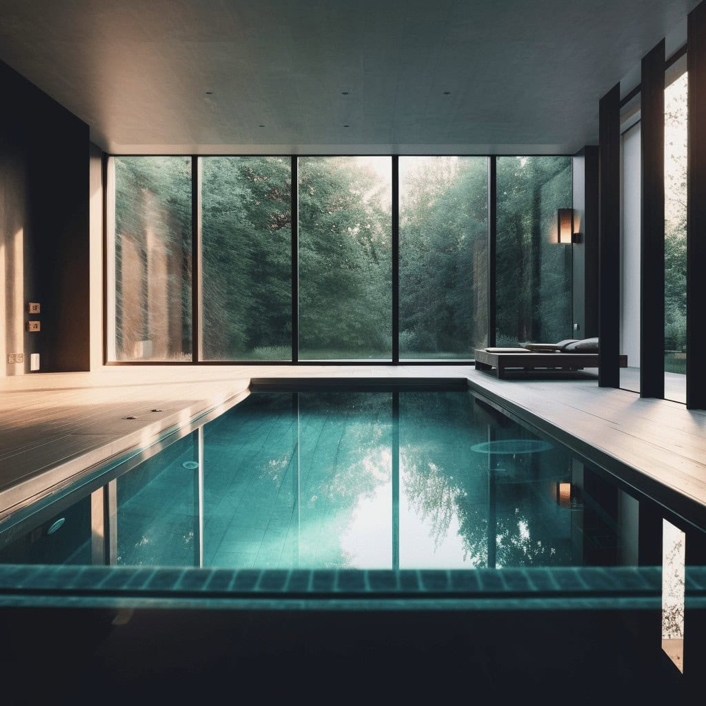 Nowe luksusowe spa z basenem w nowoczesnym domu z dużymi oknami i widokiem na naturę | Projekt SPANowoczesny, luksusowy basen w domu z panoramicznymi oknami i widokiem na las, relaks i odnowa biologiczna w komfortowej atmosferze.
