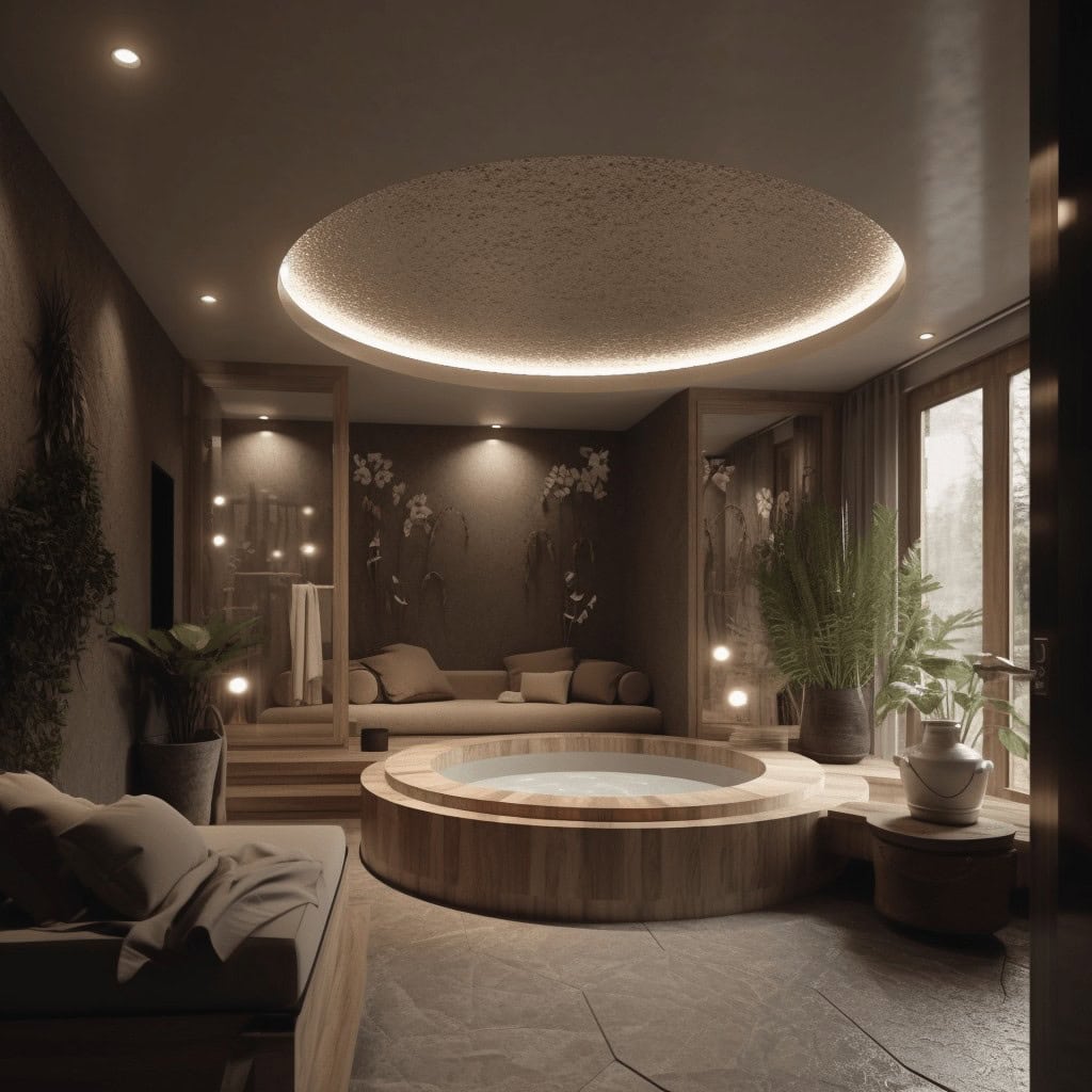 Naturalne spa w eleganckim wnętrzu, jacuzzi w stylu boutique z przytulną aranżacją i roślinami, idealne dla relaksu i odpoczynku, komfortowe warunki wellness w nowoczesnym spa domowym.