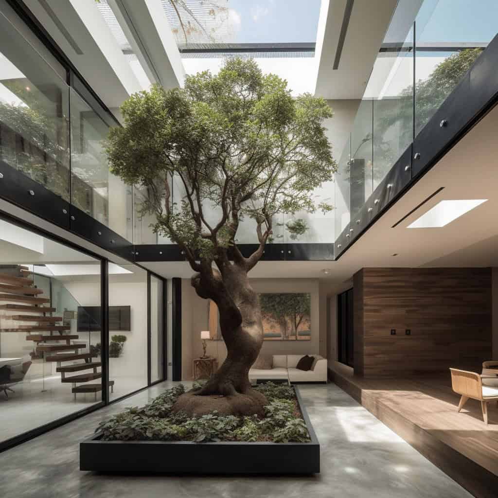 Nowoczesny wnętrze z dużym drzewem w centrum, przestrzeń do pracy i relaksu, design skandynawski, naturalne światło, minimalistyczny styl, zielone rośliny, elegancka aranżacja.