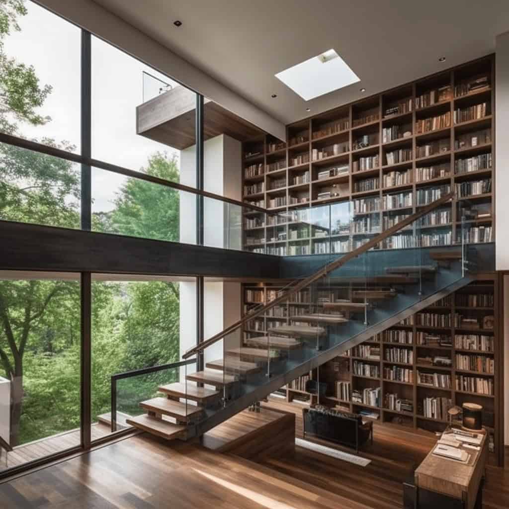 Przestronna nowoczesna biblioteka z wysokimi regałami pełnymi książek, dużym oknem od podłogi do sufitu i gustownie urządzonym wnętrzem w naturalnym stylu.