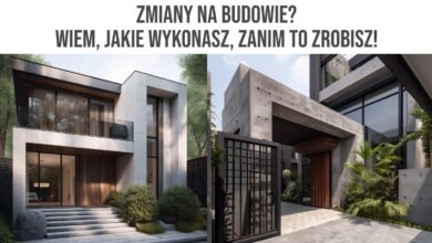 Nowoczesny dom jednorodzinny z minimalistycznym designem, betonowymi elewacjami i dużymi przeszkleniami, elegancka architektura, ogród z roślinami, realizacja na zamówienie – PaniDyrektor.pl.