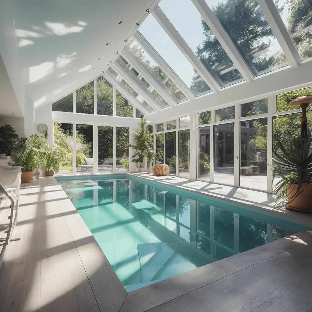 Nowa szklarnia z basenem i roślinami, naturalne oświetlenie, luksusowe wnętrza, idealne do relaksu i odpoczynku, elegancki design, przestrzeń do wypoczynku w otoczeniu natury, nowoczesny styl.
