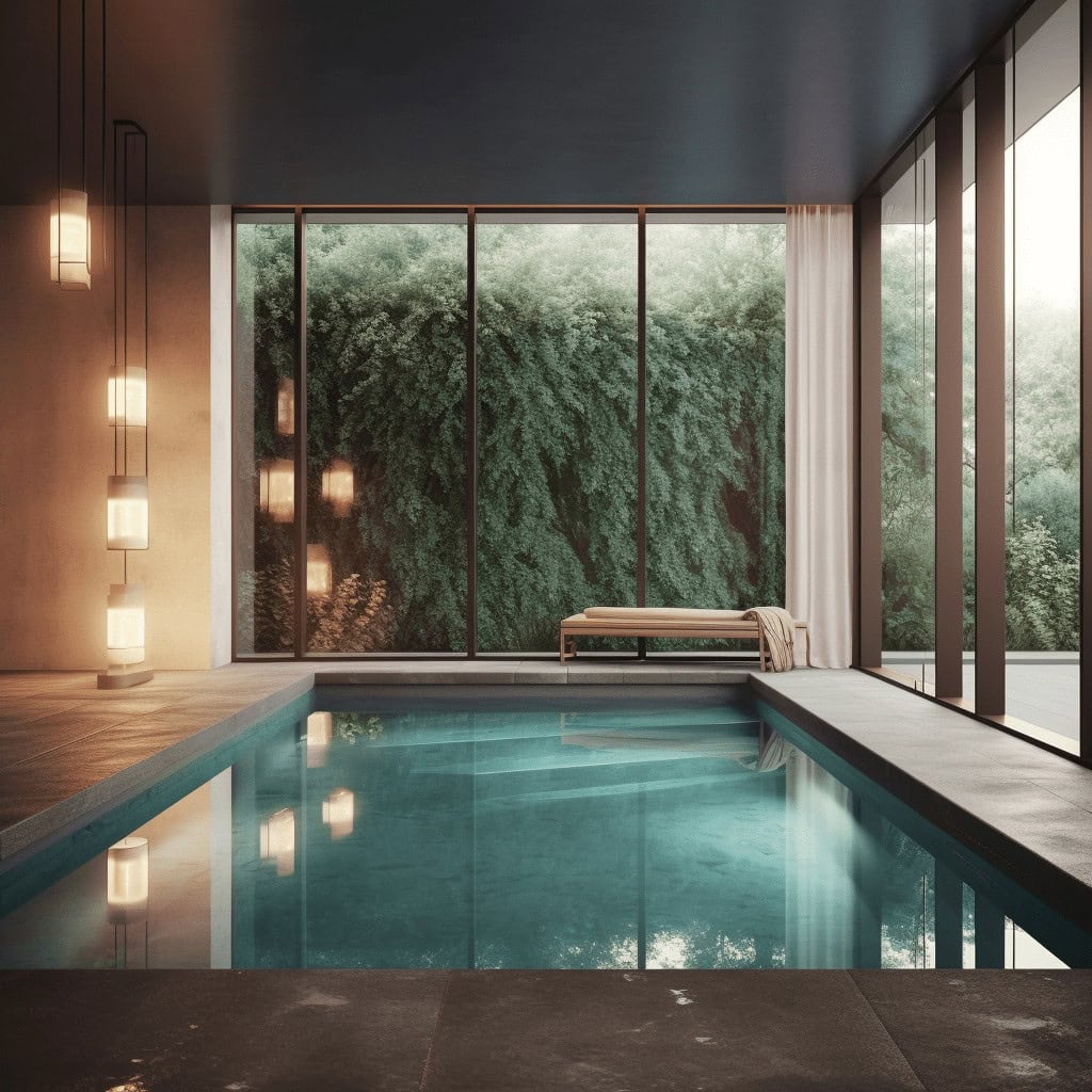 Relaksujący basen w luksusowym hotelu z panoramicznym widokiem na zieleń, nowoczesne wnętrza, elegancki design, idealne miejsce na odpoczynek i regenerację sił.