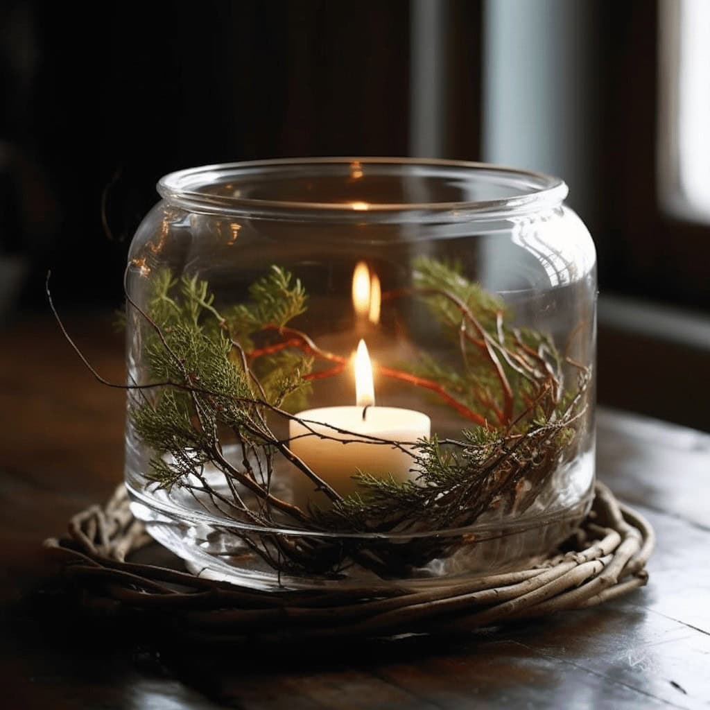 Świeca w szklanym naczyniu z naturalnymi elementami, idealna na dekorację i relaks w domu.