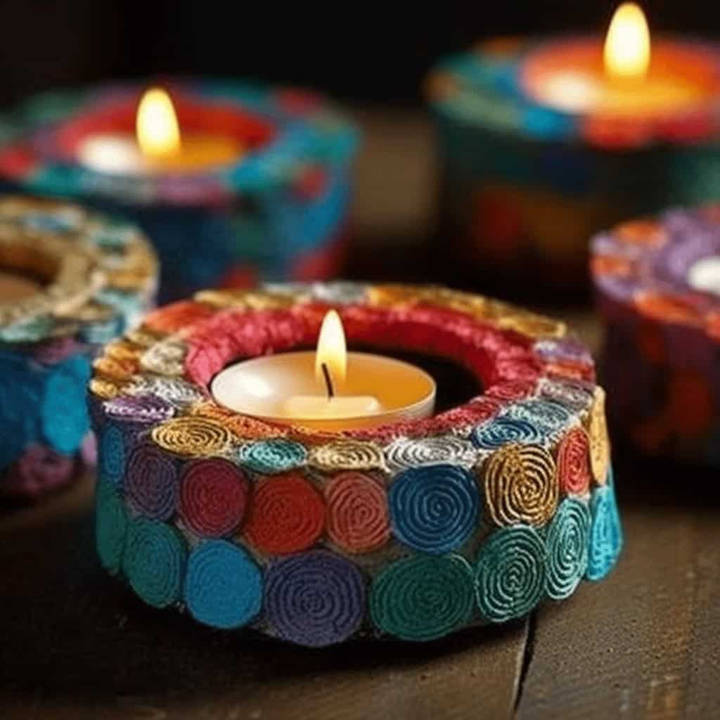 Kolorowe dekoracyjne świece w ceratonym wykończeniu, tworzące relaksującą atmosferę, idealne na romantyczne wieczory i spotkania w domowym zaciszu.