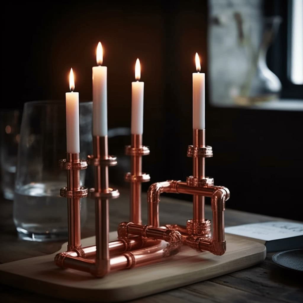 Lampa stołowa z miedzianych rur, oświetlenie dekoracyjne, nowoczesny design, lampka z rur z czerwoną odnogą na drewnianym stole, industrialny nastrój, oświetlenie do wnętrz, unikalne oświetlenie, stylowe dekoracje, kreatywne lampy, elementy industrialne.