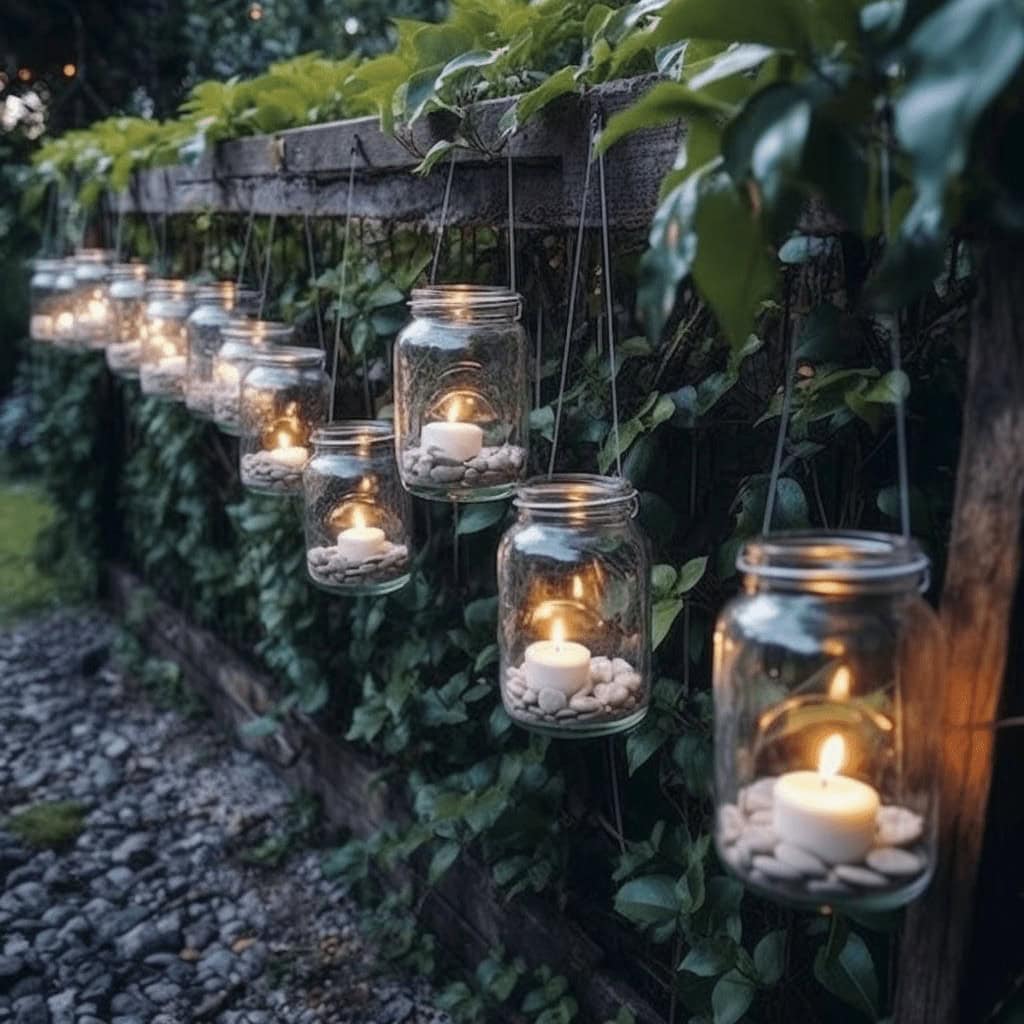 Lampiony nawiązujące do dekoracji ogrodowych, z świecami w słoikach, tworzą romantyczny klimat, idealny na eleganckie przyjęcia i wieczory w zielonym otoczeniu, podkreślając naturalną estetykę.