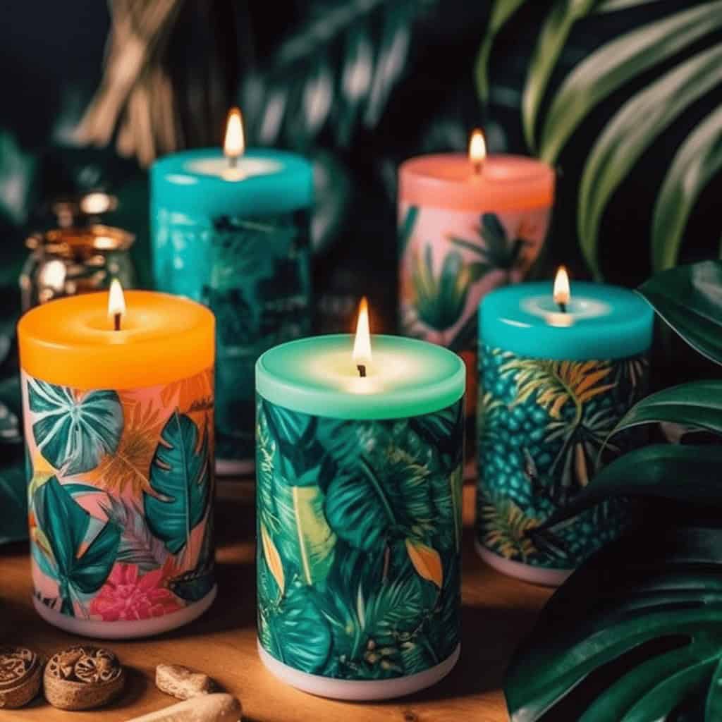 Kolorowe świece zapachowe w tropikalnym stylu na tle roślin, idealne do relaksu i tworzenia przytulnej atmosfery.