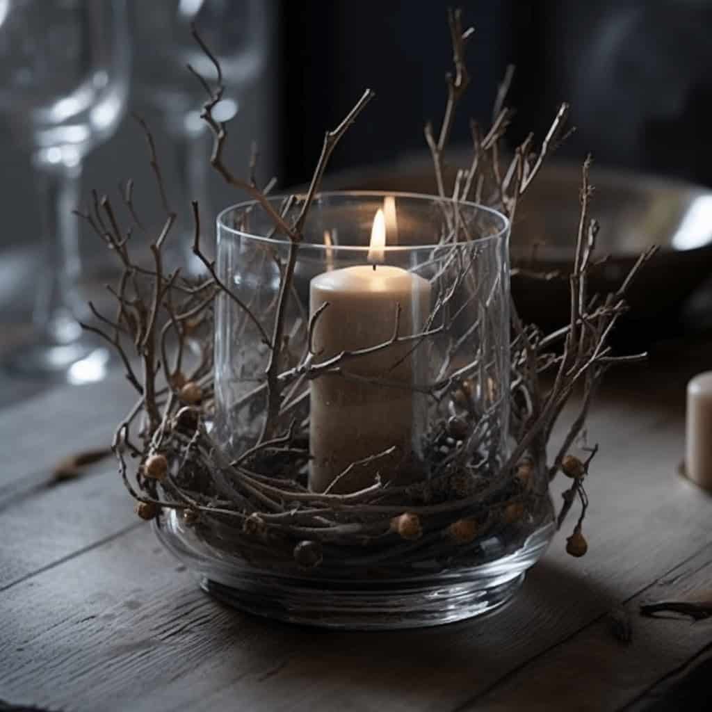 śnieczna świeca w szklanym kloszu na naturalnym stole, dekoracja bożonarodzeniowa na zimowe wieczory, przytulny klimat, element wystroju wnętrz, optymalizacja dla słów kluczowych optima.