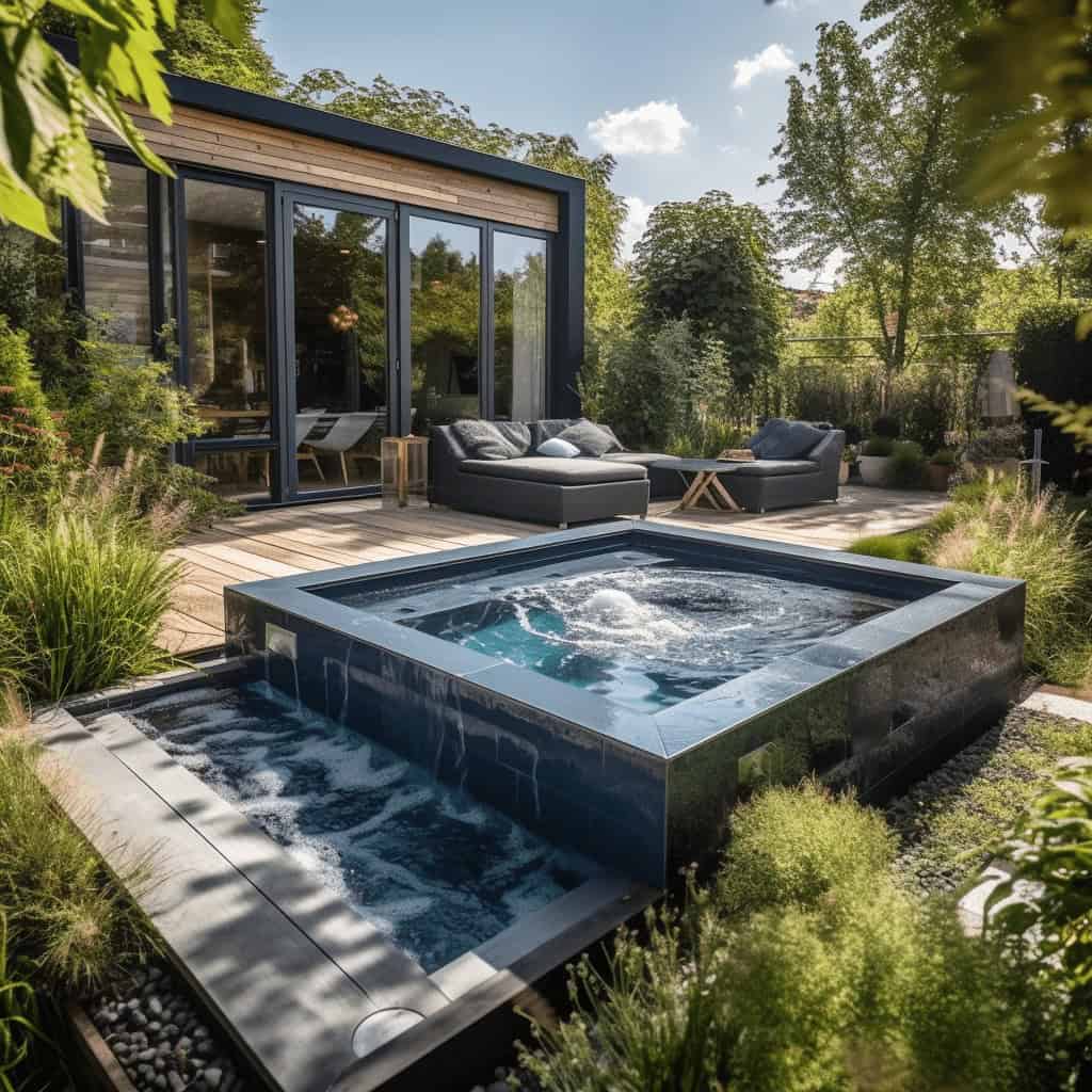Nowa przestrzeń relaksu w ogrodzie z jacuzzi i komfortową strefą wypoczynkową. Idealne miejsce na relaks na świeżym powietrzu z nowoczesnym designem i funkcjonalnością.