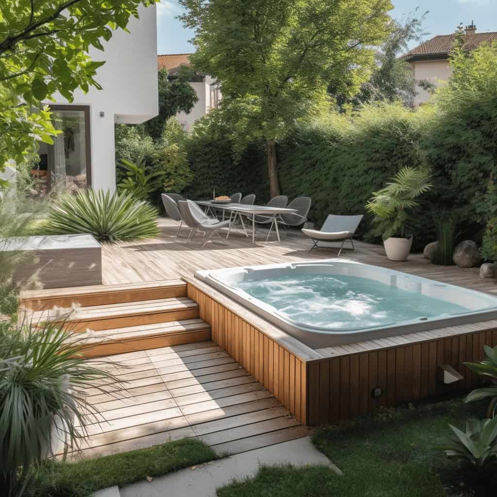 Relaks w jacuzzi na zewnątrz w ogrodzie z zielonymi roślinami i meblami ogrodowymi, idealny na wypoczynek i relaks, w otoczeniu natury i prywatnej przestrzeni prywatnej, nowoczesny i komfortowy design, profesjonalne usługi healowania optymalne.
