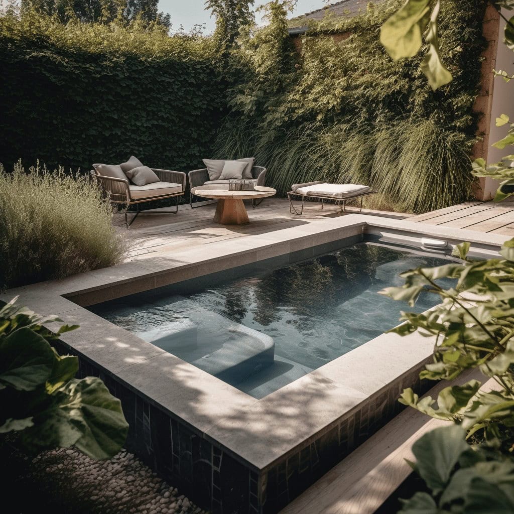 Nowa alt: Elegancki basen z jacuzzi i zacisznym strefą wypoczynkową w przydomowym ogrodzie, otoczony roślinami i wygodnym meblami do relaksu na świeżym powietrzu.
