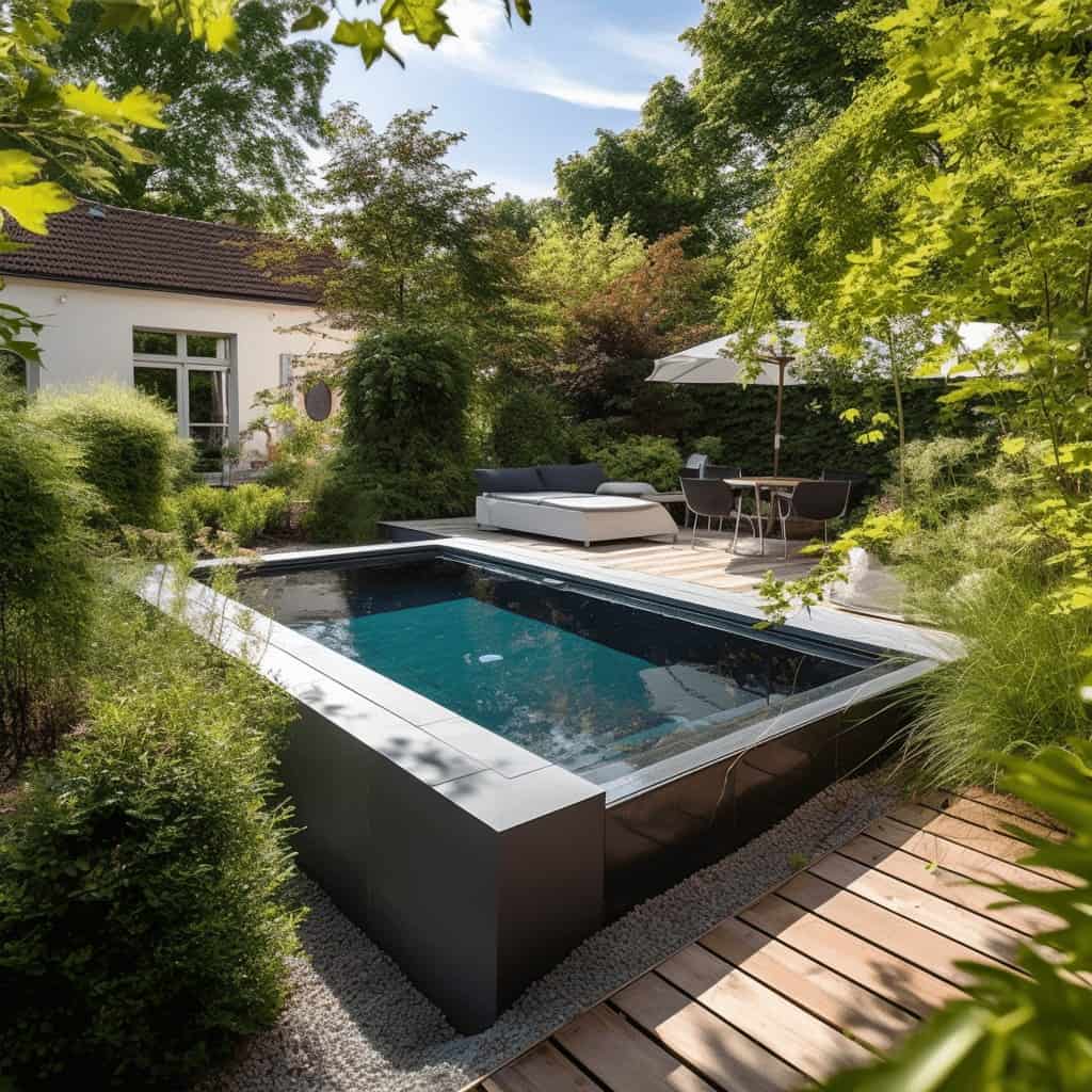 Nowa pływająca wanna spa w przydomowym ogrodzie z zielonymi roślinami, relaks na świeżym powietrzu, elegancki design, komfortowe miejsce na odpoczynek i regenerację, idealne dla miłośników wellness.