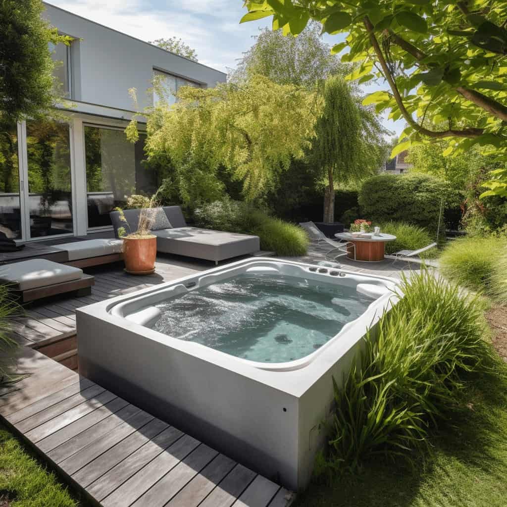 Relaks w jacuzzi na zewnątrz, nowoczesny ogród z wellness, spokojna przestrzeń na tarasie z widokiem na zieleń, idealne miejsce na odpoczynek i regenerację, luksusowe rozwiązania wellness, optymalne relaksacyjne centrum, PaniDyrektor.pl.
