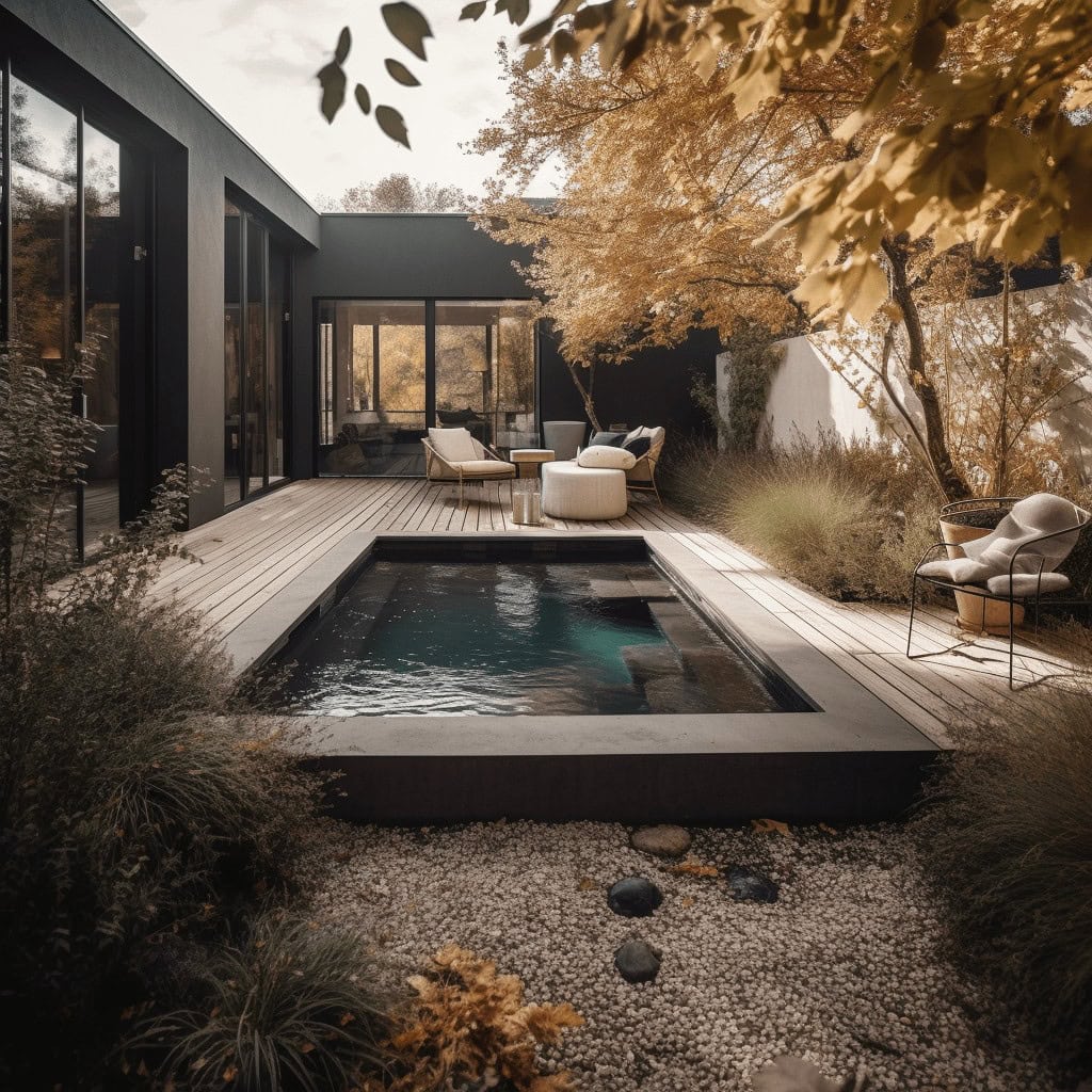 Naturalny design ogrodu z małym basenem i strefą relaksu, nowoczesny taras z meblami outdoorowymi, otoczenie drzew i roślin, harmonia i luksus w przestrzeni prywatnej, elegancka aranżacja ogrodu, eleganckie otoczenie domu optymalnego stylu, inspiracje ogrodowe.