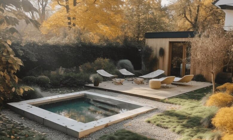 Nowa aranżacja ogrodu z jacuzzi, relax na tarasie, jesienne kolory, stylowa przestrzeń do wypoczynku, naturalny design, relaks i odnowa biologiczna.