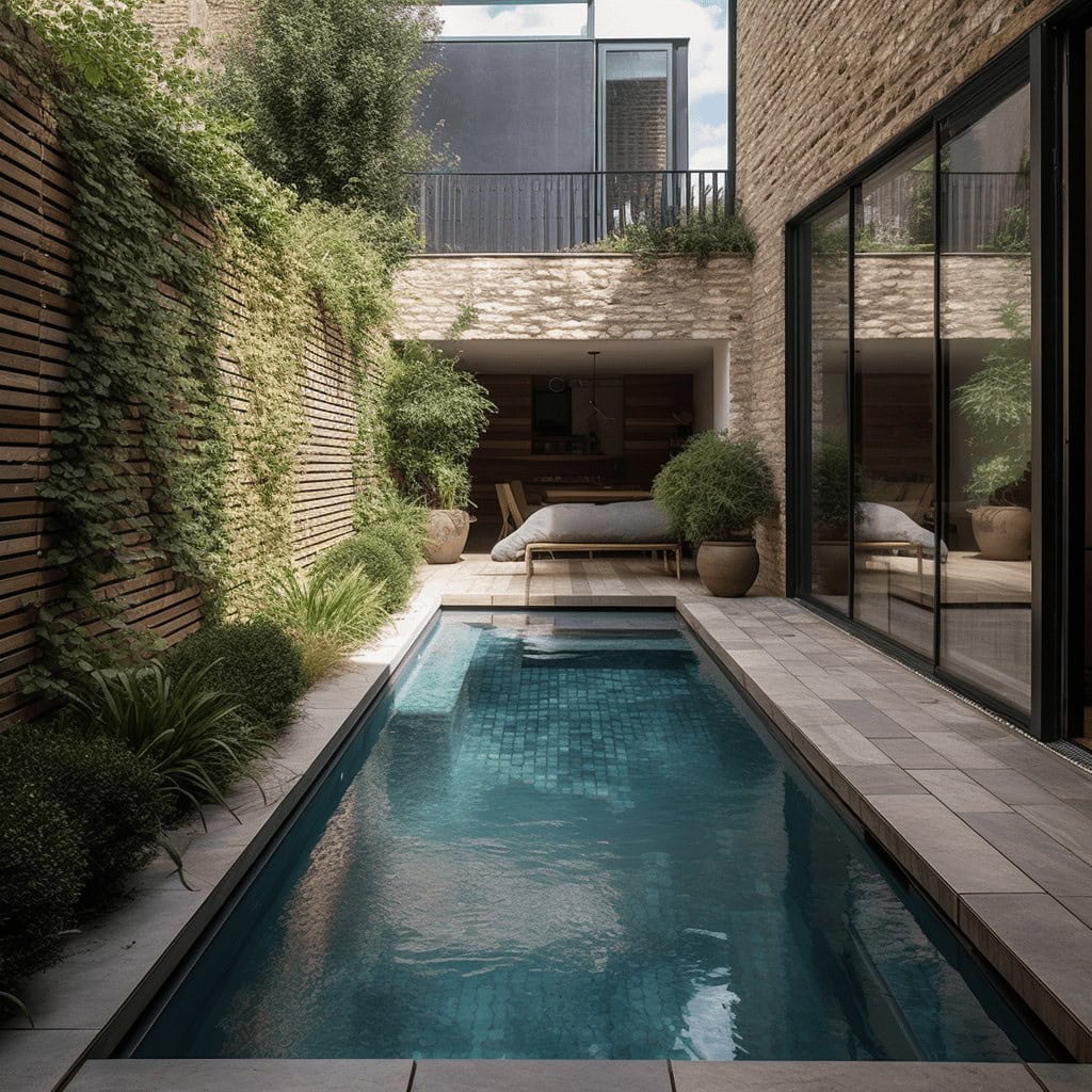 Stylowe wnętrza domu z prywatnym basenem i tarasem, nowoczesna architektura, zielony ogród, minimalistyczny design, komfort i relaks w eleganckim otoczeniu, idealne miejsce do wypoczynku i rekreacji.