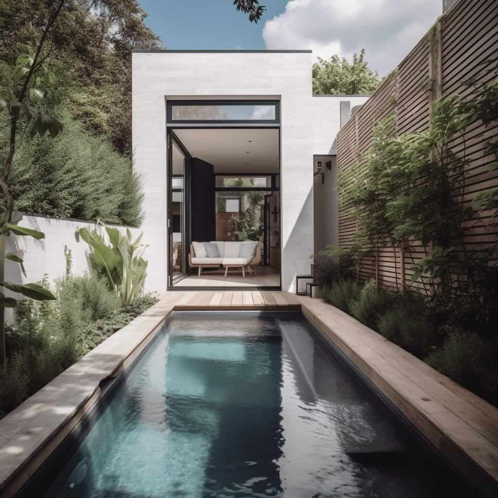Nowoczesny design domu z prywatnym basenem i minimalistycznym ogrodem, idealny dla miłośników luksusowych wnętrz i architektury.