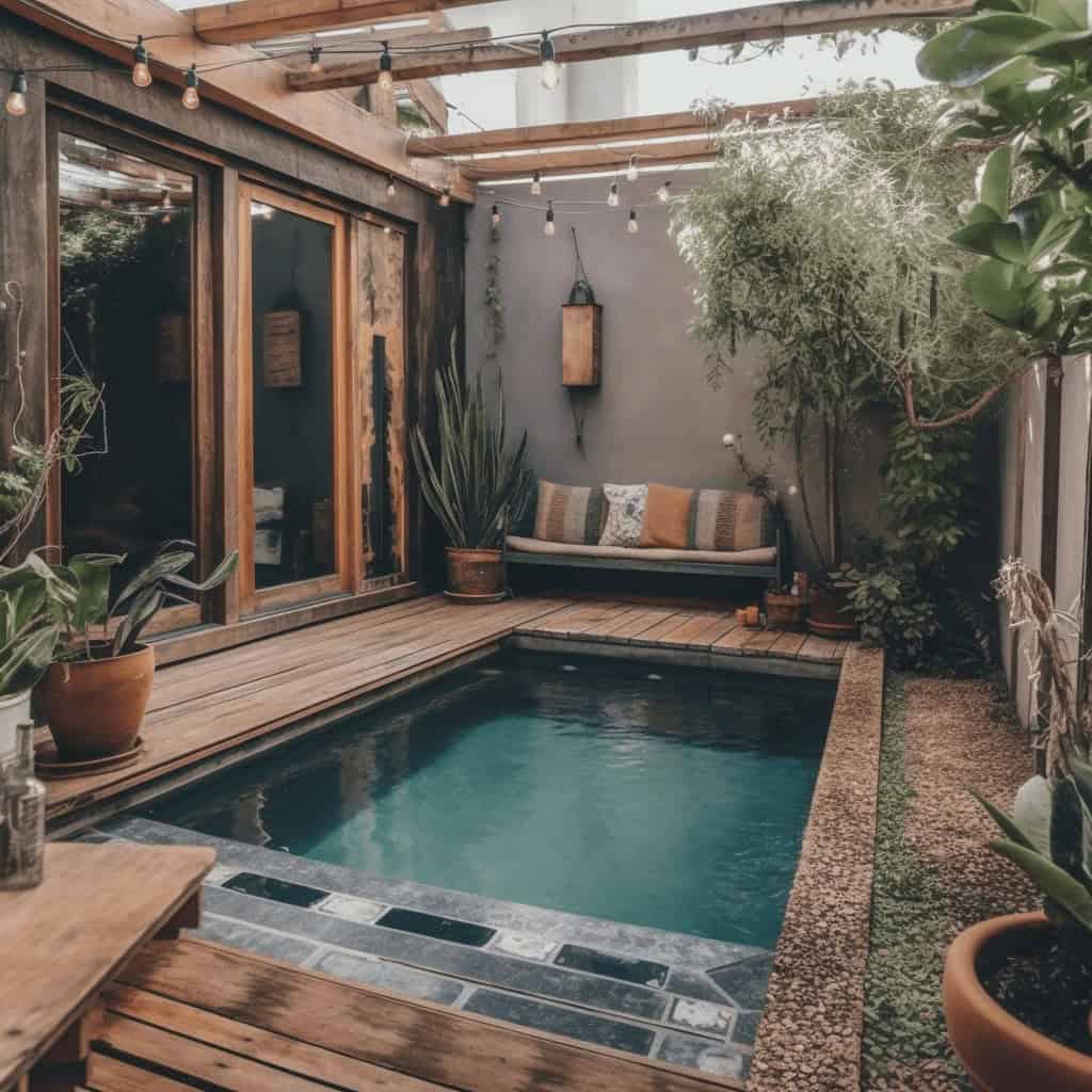 Relaks w prywatnym jacuzzi outdoor, otoczony zielenią, eleganckie wnętrze z naturalnym drewnem, idealne na relaks i odnowę biologiczną, relaksacyjne miejsce na świeżym powietrzu, luksusowe spa na zewnątrz, naturalna przestrzeń wypoczynkowa.