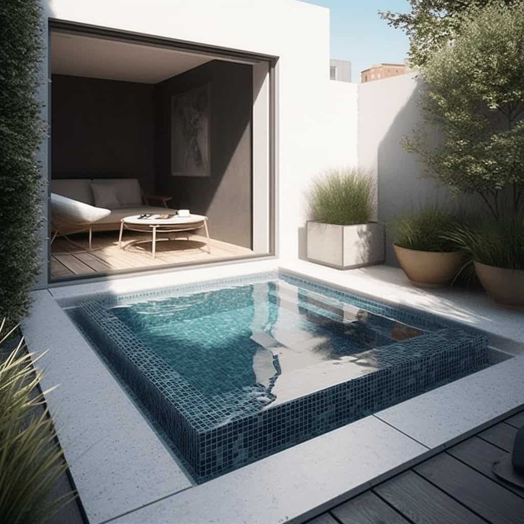 Nowy basen w luksusowym ogrodzie z poglądową strefą wypoczynkową i minimalistyczną architekturą, idealny do relaksu i odpoczynku na zewnątrz. Elegancki design, funkcjonalność i wysokiej jakości wykonanie.