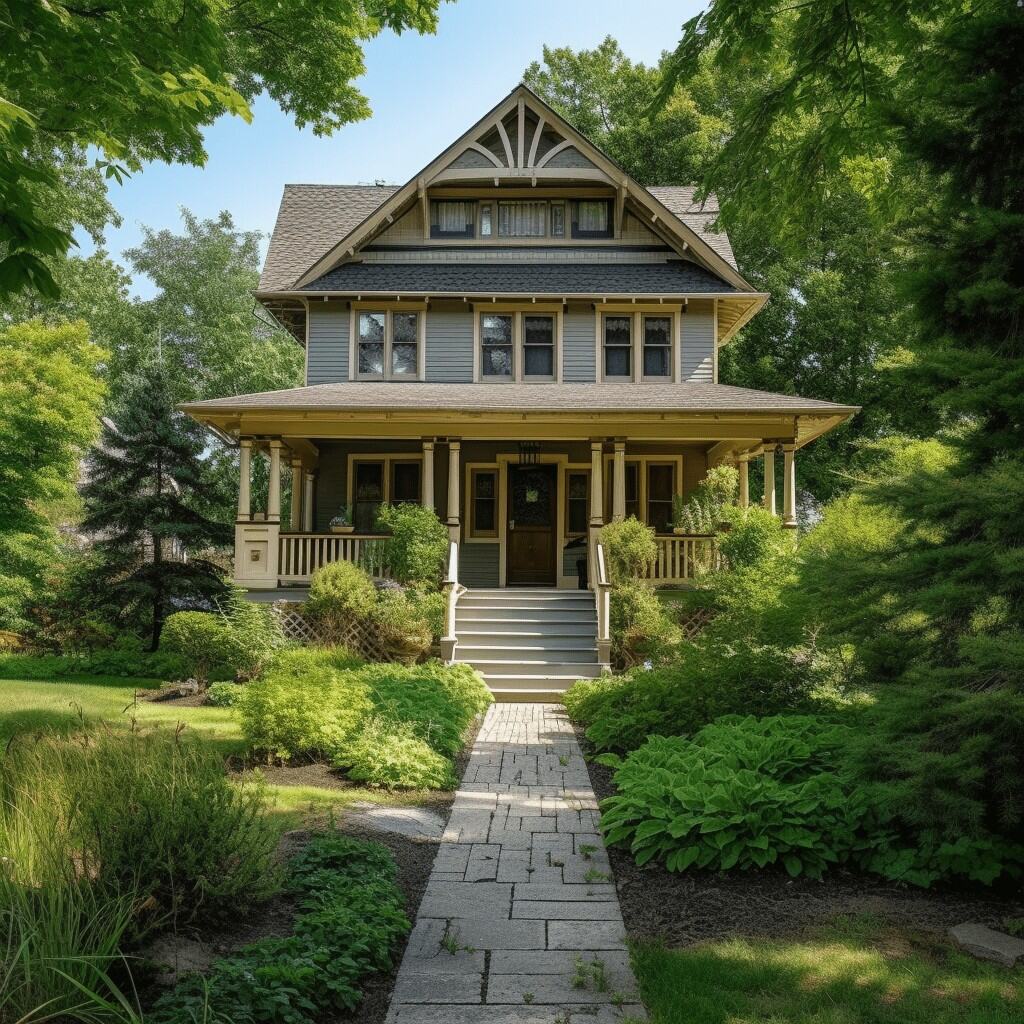 Urokliwy dom jednorodzinny w stylu vintage z frontowym ogrodem i kamienną ścieżką, otoczony zieloną roślinnością, idealny dla miłośników klasycznej architektury i natury.