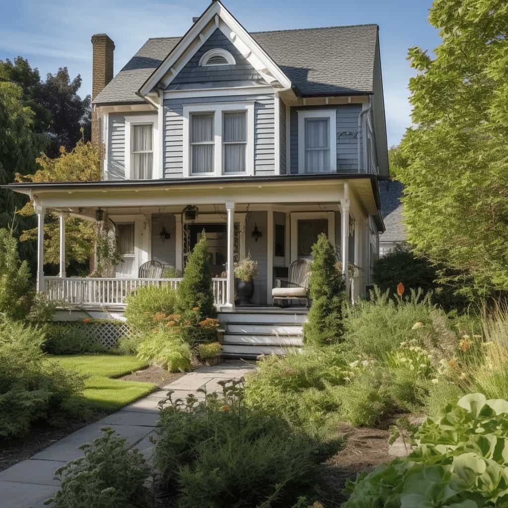 Elegancki stary dom z porchą i dużym ogrodem, idealny do aranżacji ogrodowej i projektów architektury krajobrazu, typowa lokalizacja dla miłośników natury i zieleni.