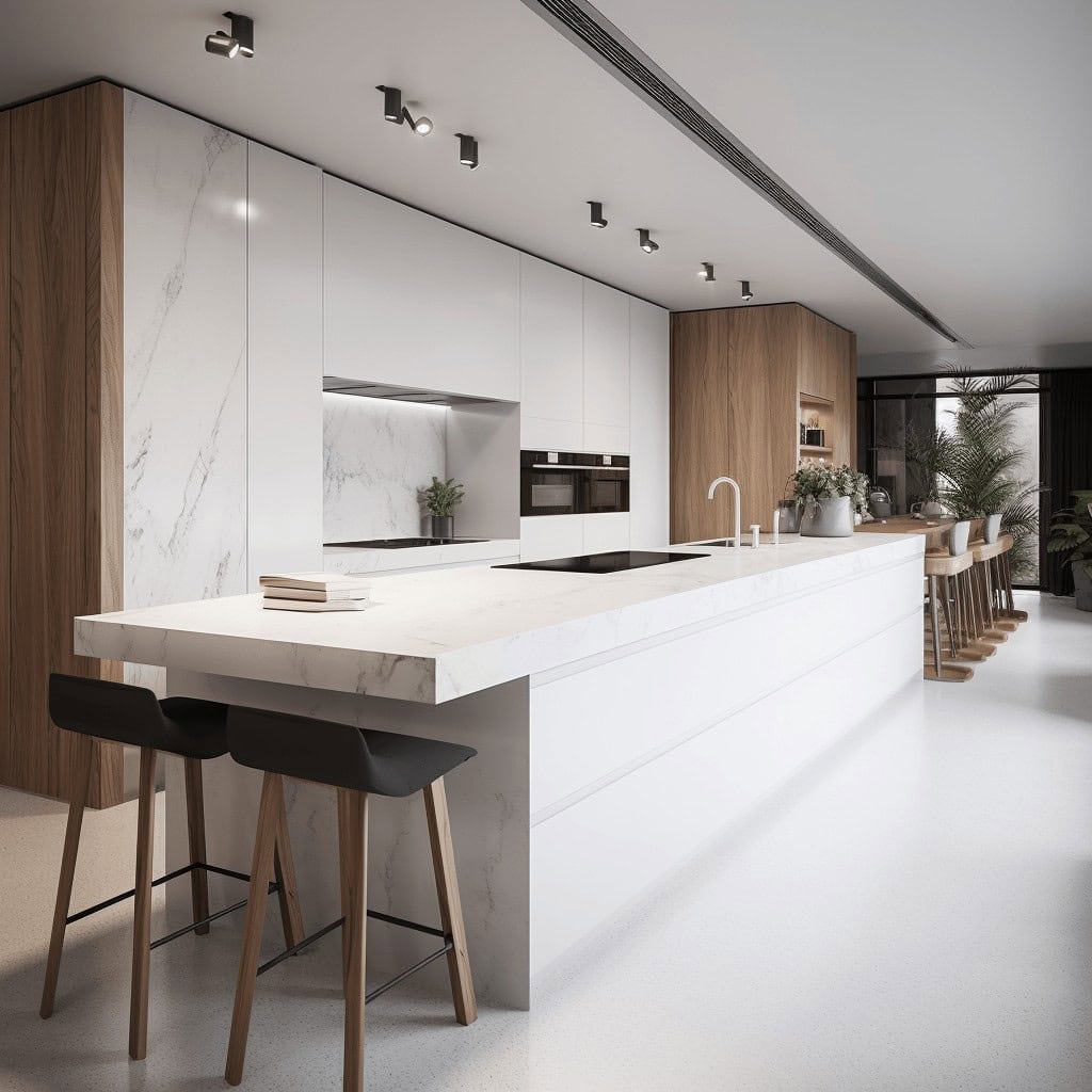 Elegancka nowoczesna kuchnia z białymi i drewnianymi okładzinami, wyspa z marmurowym blatem, minimalistycznym designem, idealna do stylu życia o wysokim standardzie i optymalnym funkcjonowaniu.