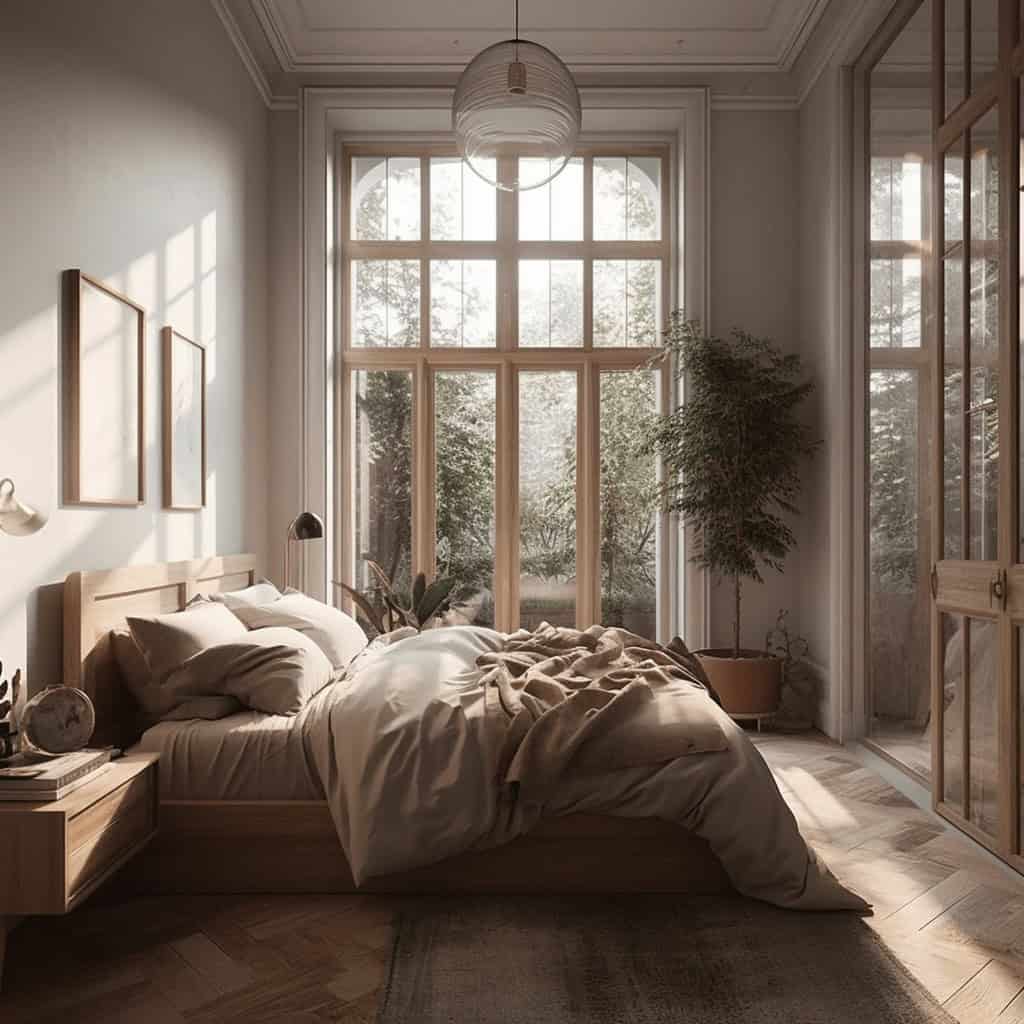 Przytulny pokój sypialny z dużymi oknami, naturalnym drewnianym umeblowaniem i ciepłym światłem, idealny do relaksu i wypoczynku, elegancki wnętrze w stylu skandynawskim, inspiracje dla aranżacji wnętrz.