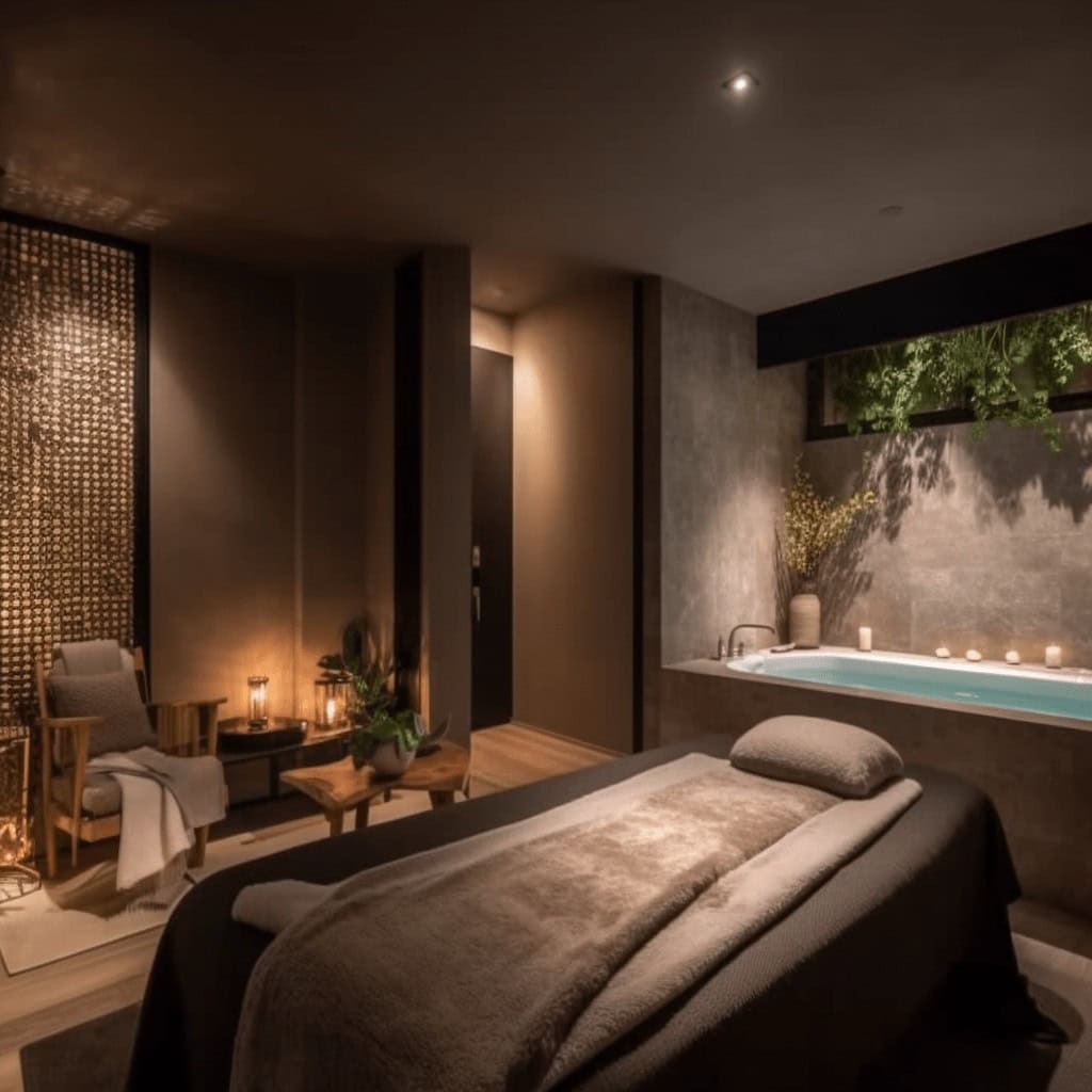 Relaksujący salon spa z jacuzzi, przytulnym łóżkiem do masażu i nowoczesnym wystrój, idealny dla relaksu i odnowy biologicznej w luksusowym otoczeniu.