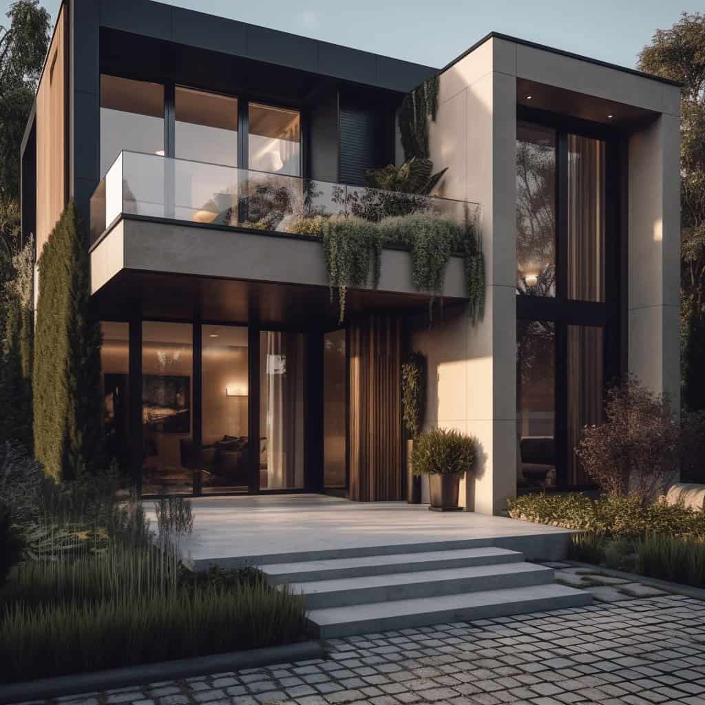 Nowoczesny dom jednorodzinny z dużymi oknami i minimalistycznym designem, otoczony zielenią, w stylu nowoczesnym, idealnie wpisujący się w trendy architektury, z dbałością o detal i estetykę, elegancki i funkcjonalny.