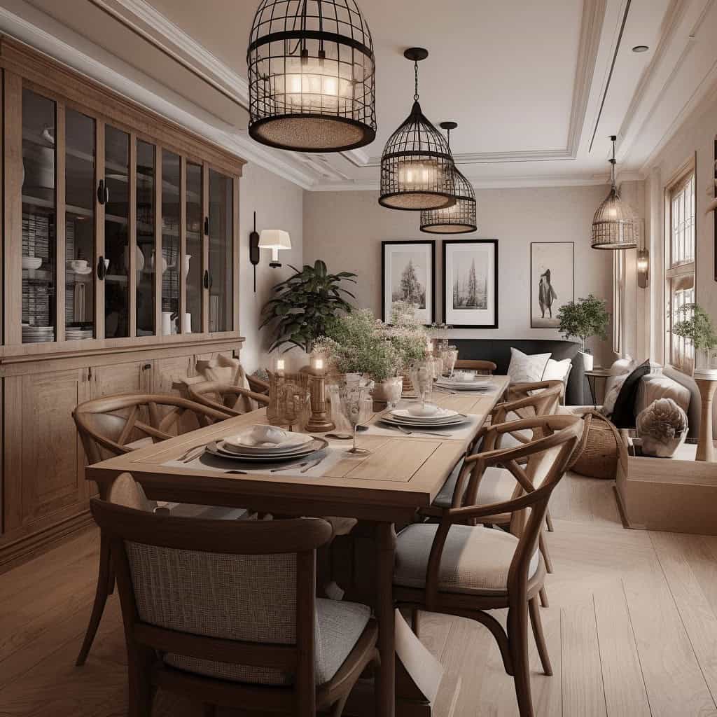 Elegancka jadalnia w stylu skandynawskim z naturalnym drewnem, designerskimi lampami i dekoracjami, idealna dla rodzinnych spotkań i przyjęć, promująca komfort i estetykę w domu.