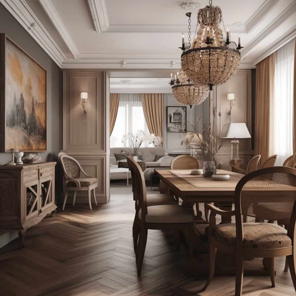 Klasyczny salon w eleganckim stylu z luksusowymi krzesłami i dużym stołem, dekoracyjny żyrandol, ciepłe oświetlenie, naturalne światło, ekskluzywne wnętrze, aranżacja wnętrz, design przestrzeni.
