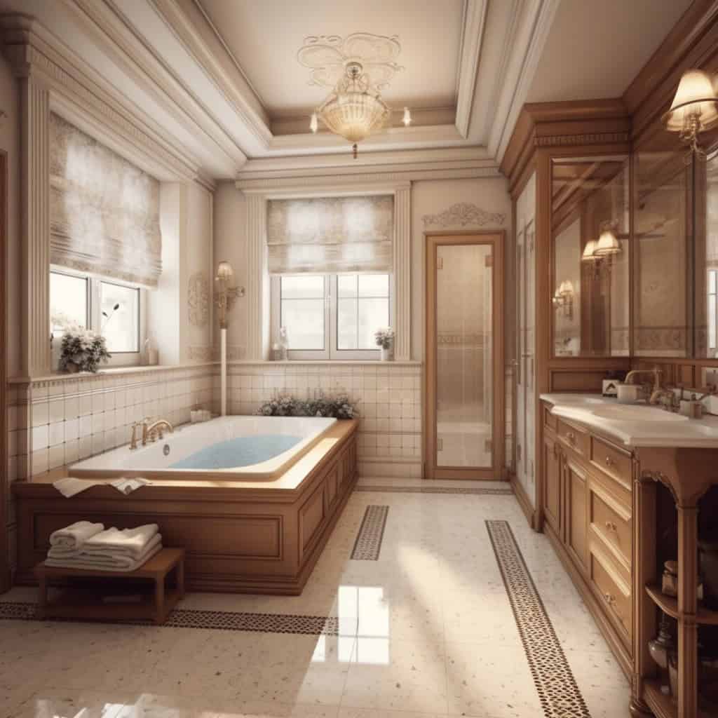 Wanna be in a luxurious bathroom with classic wooden furniture, large bathtub, elegant decor, natural light, and sophisticated design ideal for optima wellness and relaxation.